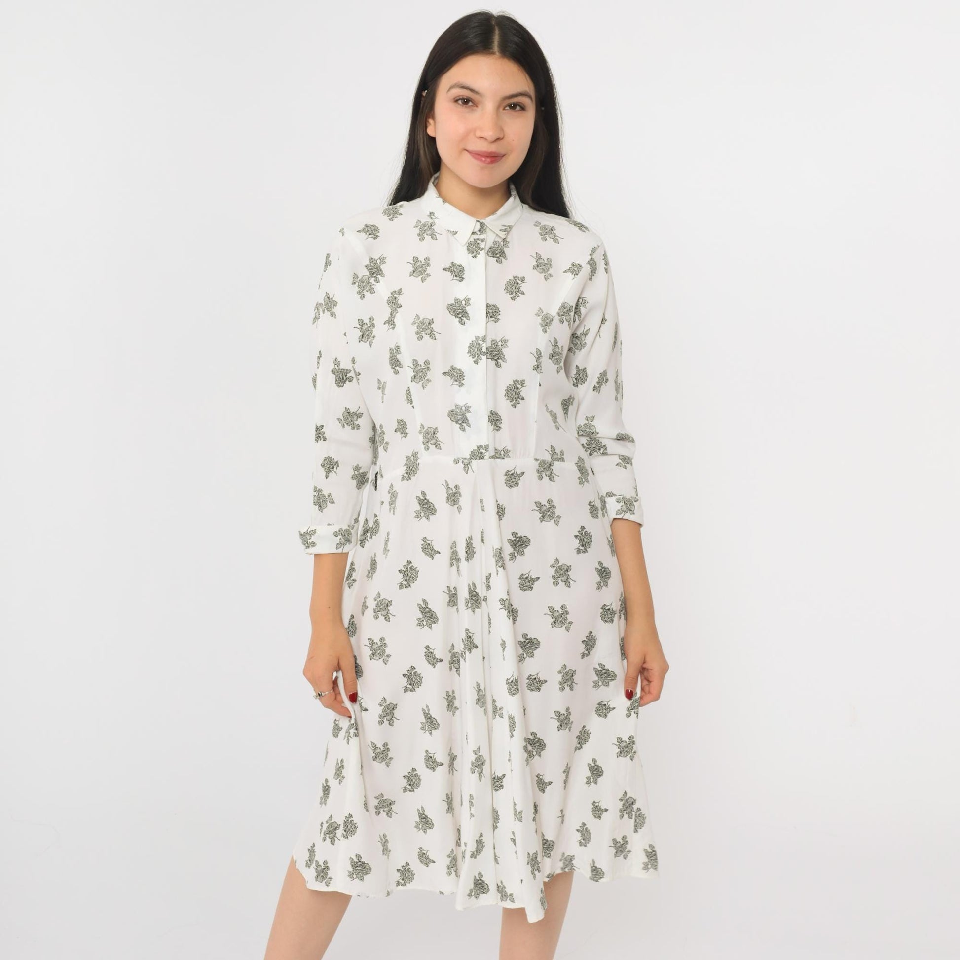 90s White Floral Button-Up Shirtdress Knee Length 3/4 Sleeve Small