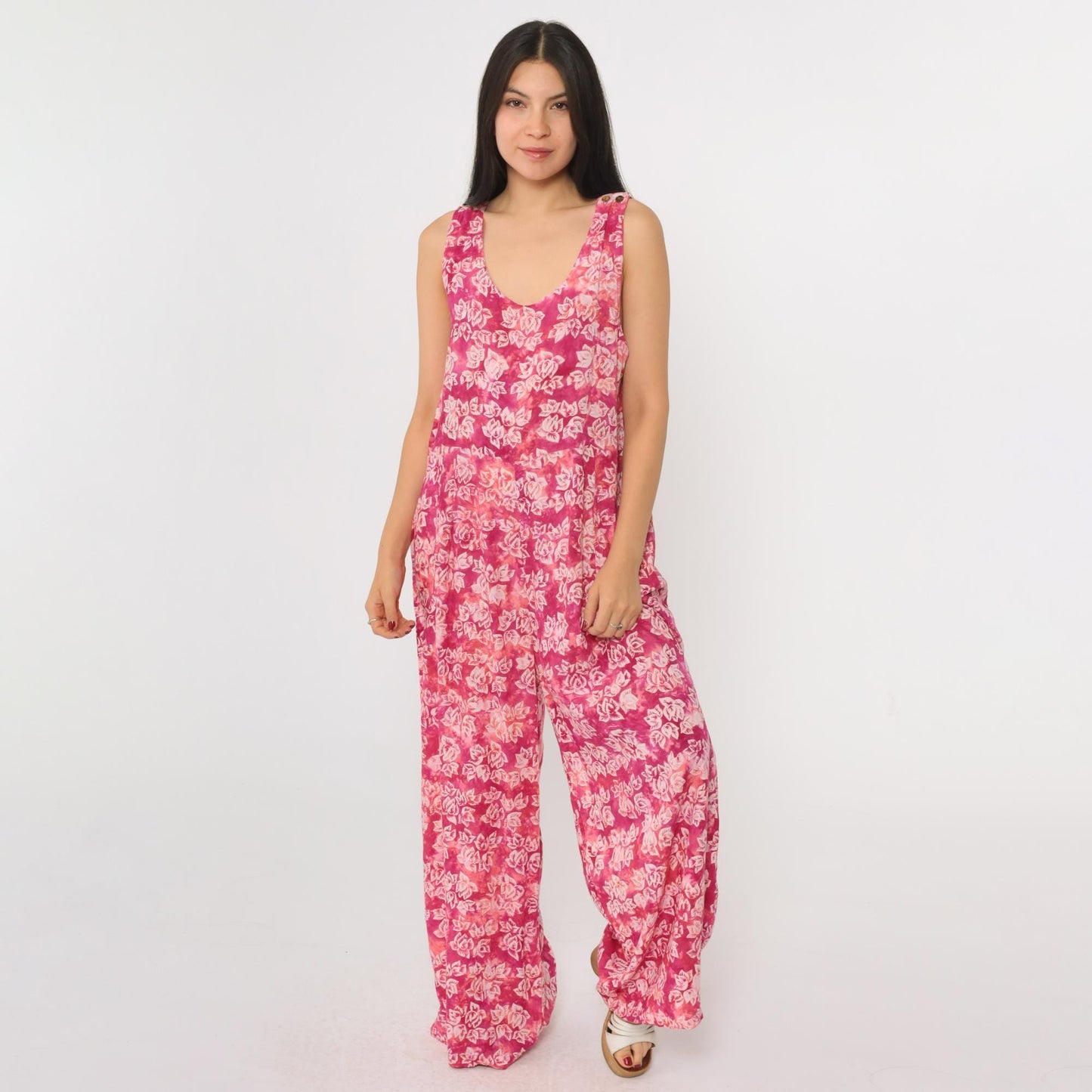 90s April Cornell Pink Tie Dye Floral Wide Leg Jumpsuit Scoop Neck Medium M