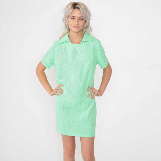 60s Mod Mini Dress Green Geometric Print Shift Short Sleeve Medium Large