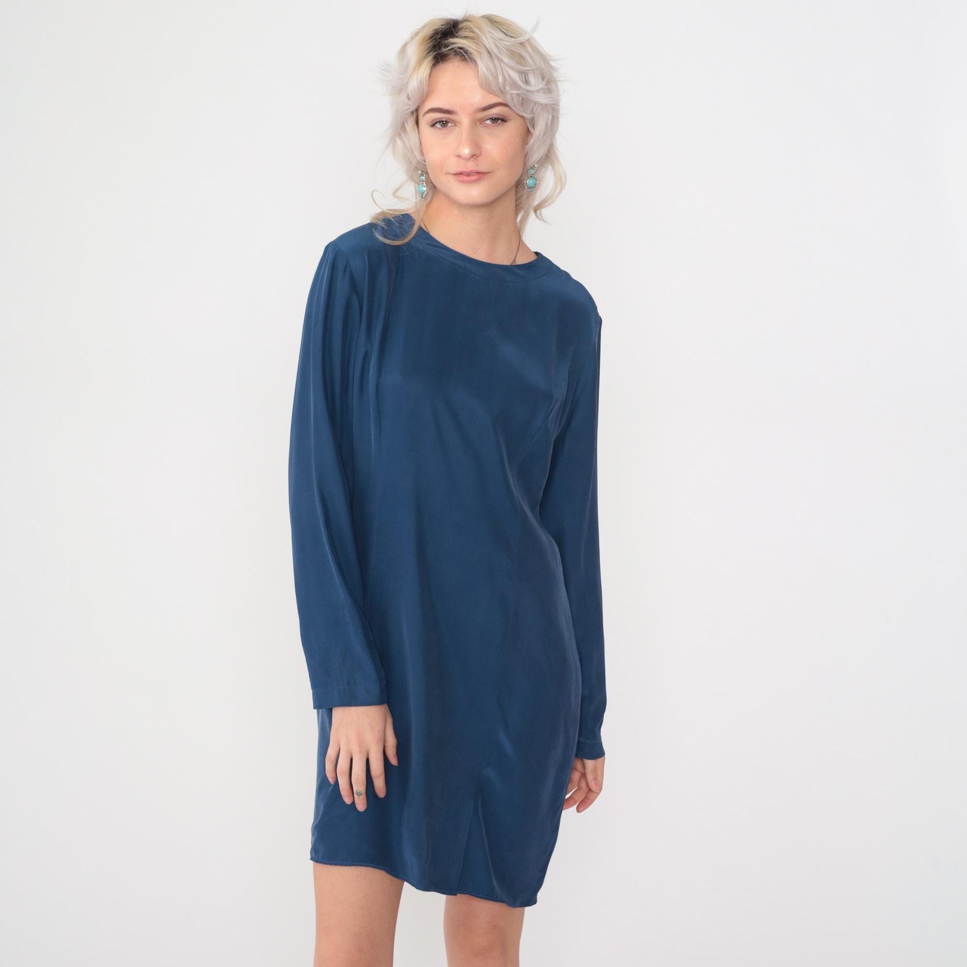 90s Maggy London Dark Blue Silk Mini Dress Long Sleeve Sheath Medium 8