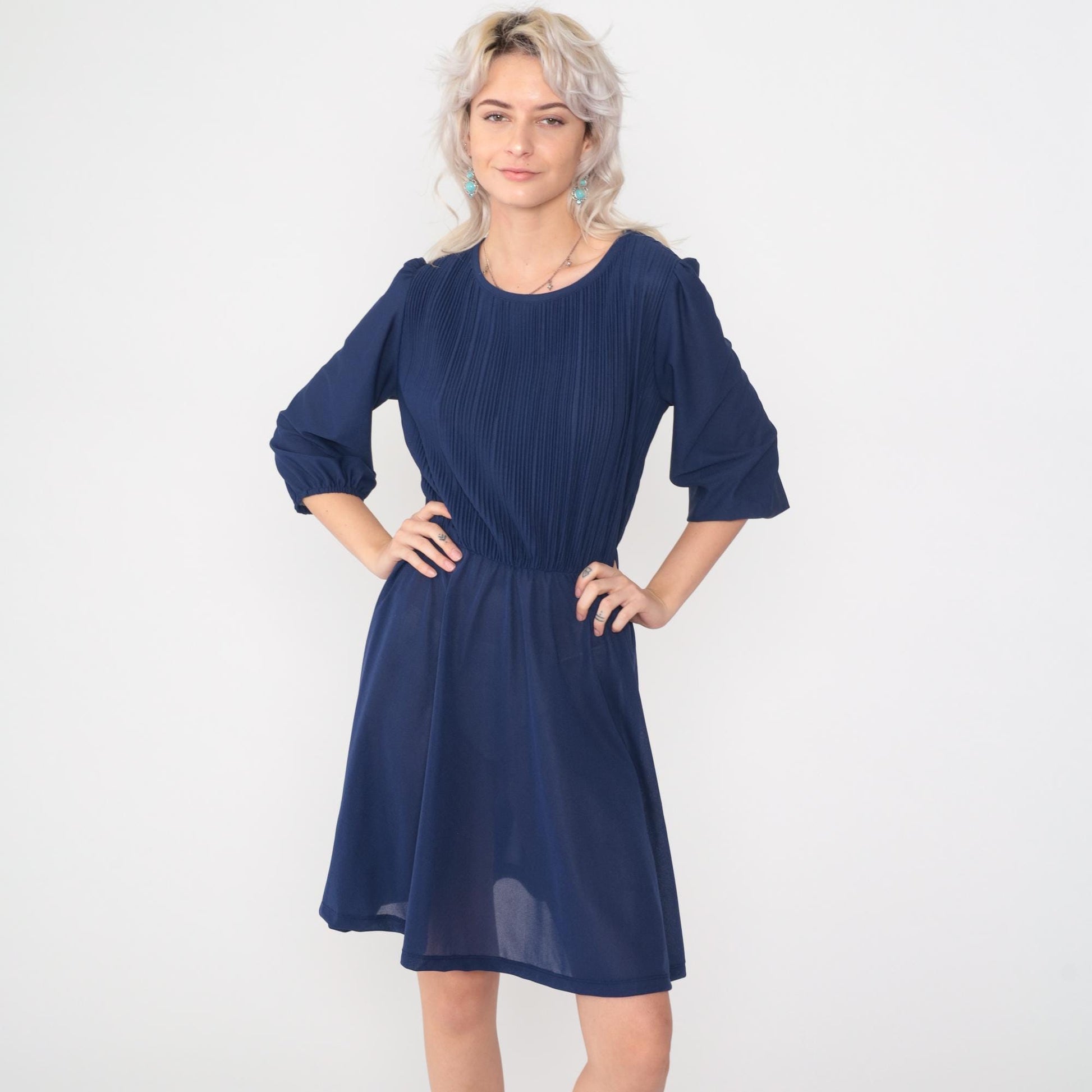 80s Navy Puff Sleeve Mini Dress Knife Pleated High Waist Medium Large