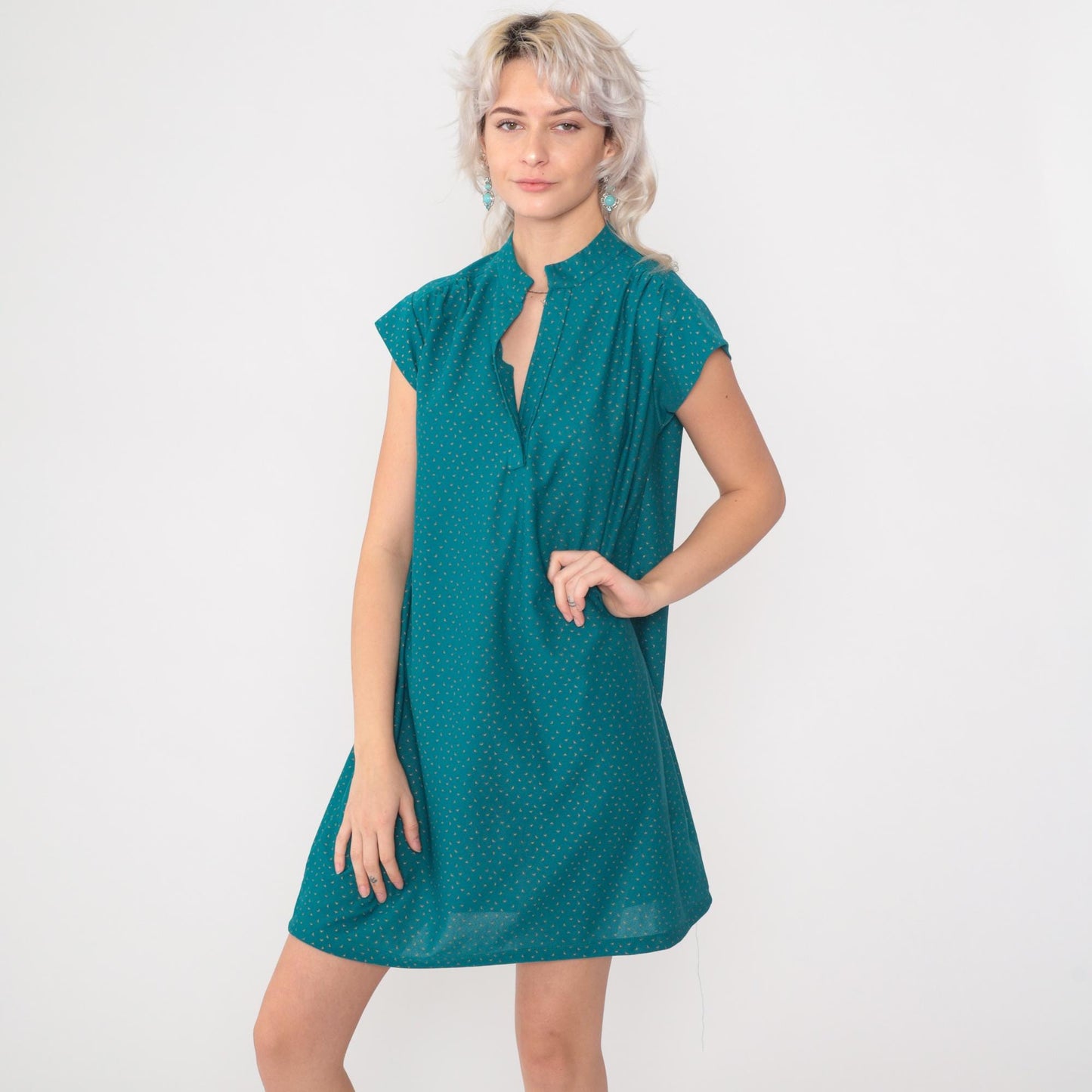 80s Teal Gold Confetti Dot Mini Shift Dress Cap Sleeve V-Neck Medium