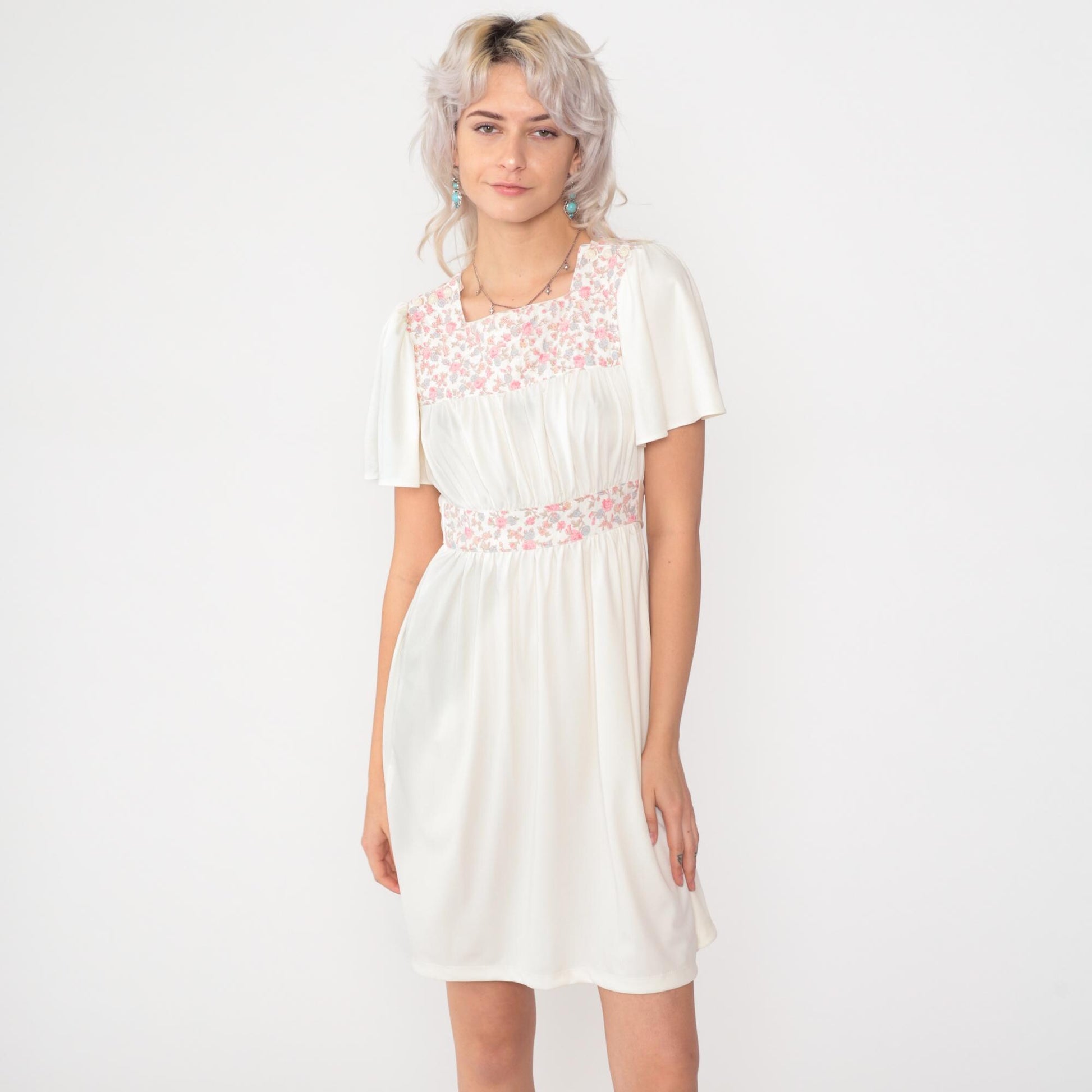 70s White Floral Peasant Mini Dress Flutter Sleeve High Waist Small S
