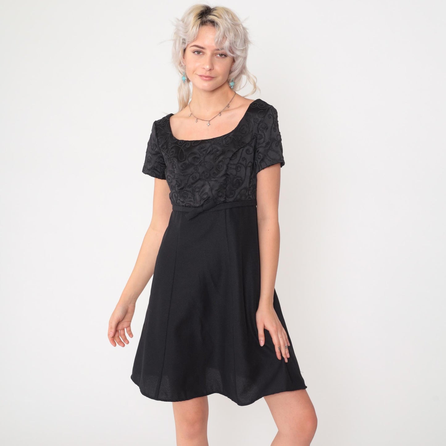 90s Black Micro Beaded Satin Mini Dress Empire Waist Scoop Neck Small 4