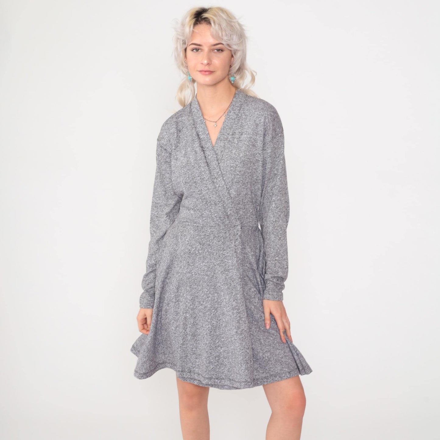 80s Grey Mini Wrap Dress V-Neck Dropped Armhole Long Sleeve Small