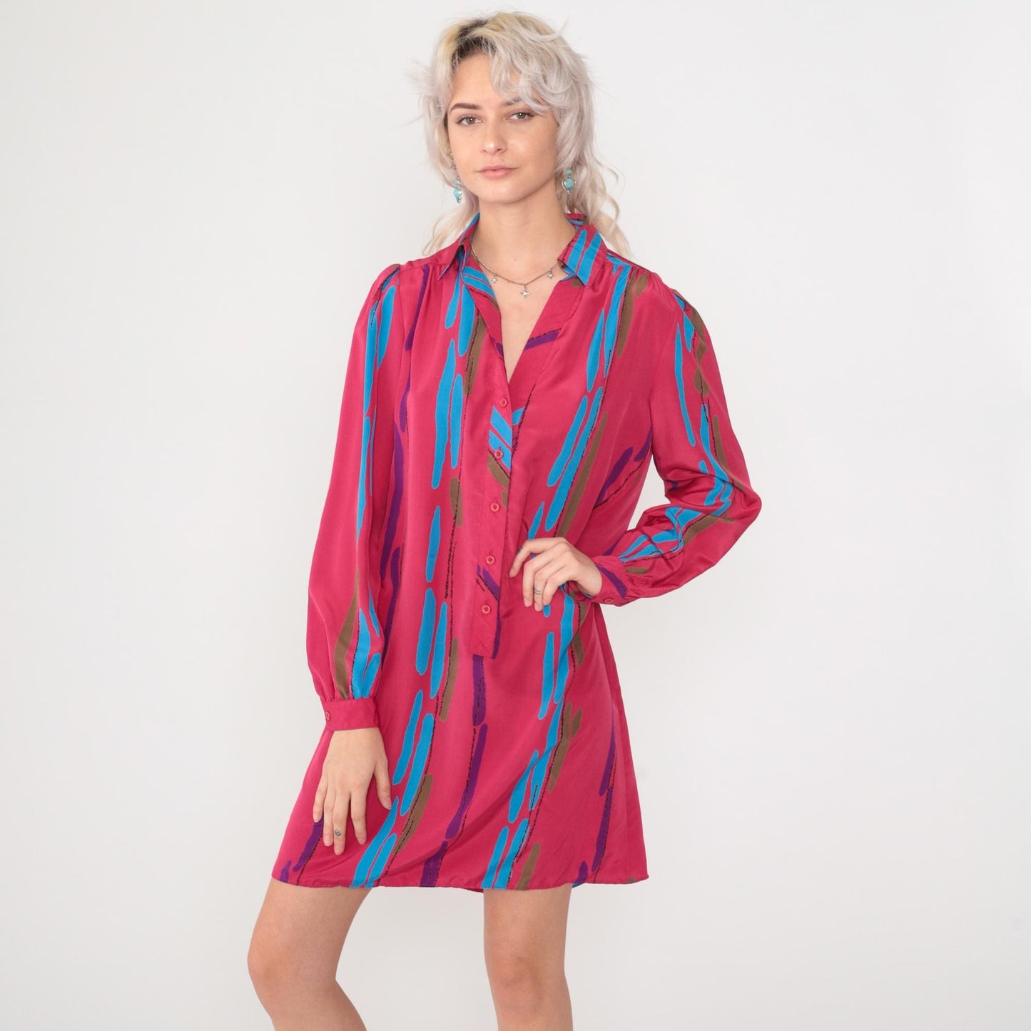 80s Fuchsia Striped Mini Dress Puff Sleeve Button-Up Shirtdress Medium