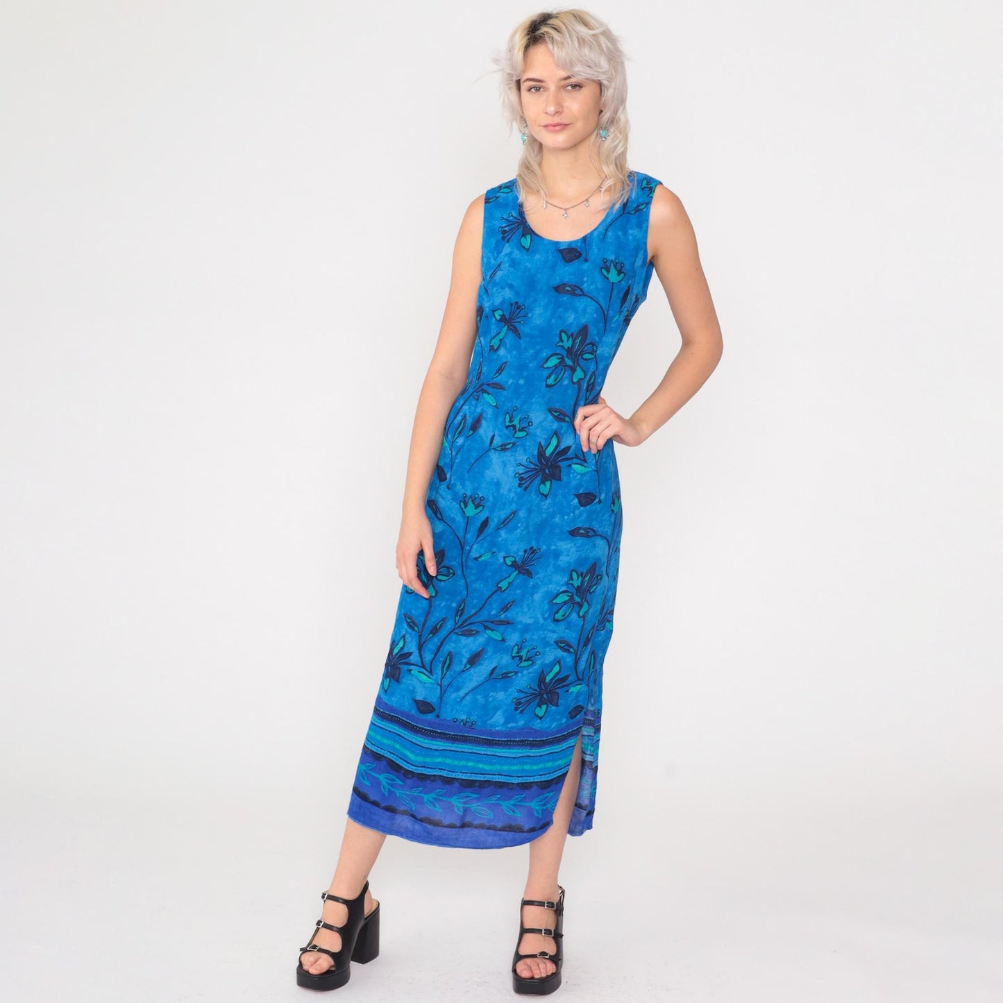 90s Blue Floral Rayon Maxi Dress Sleeveless Scoop Neck Side Slit Small