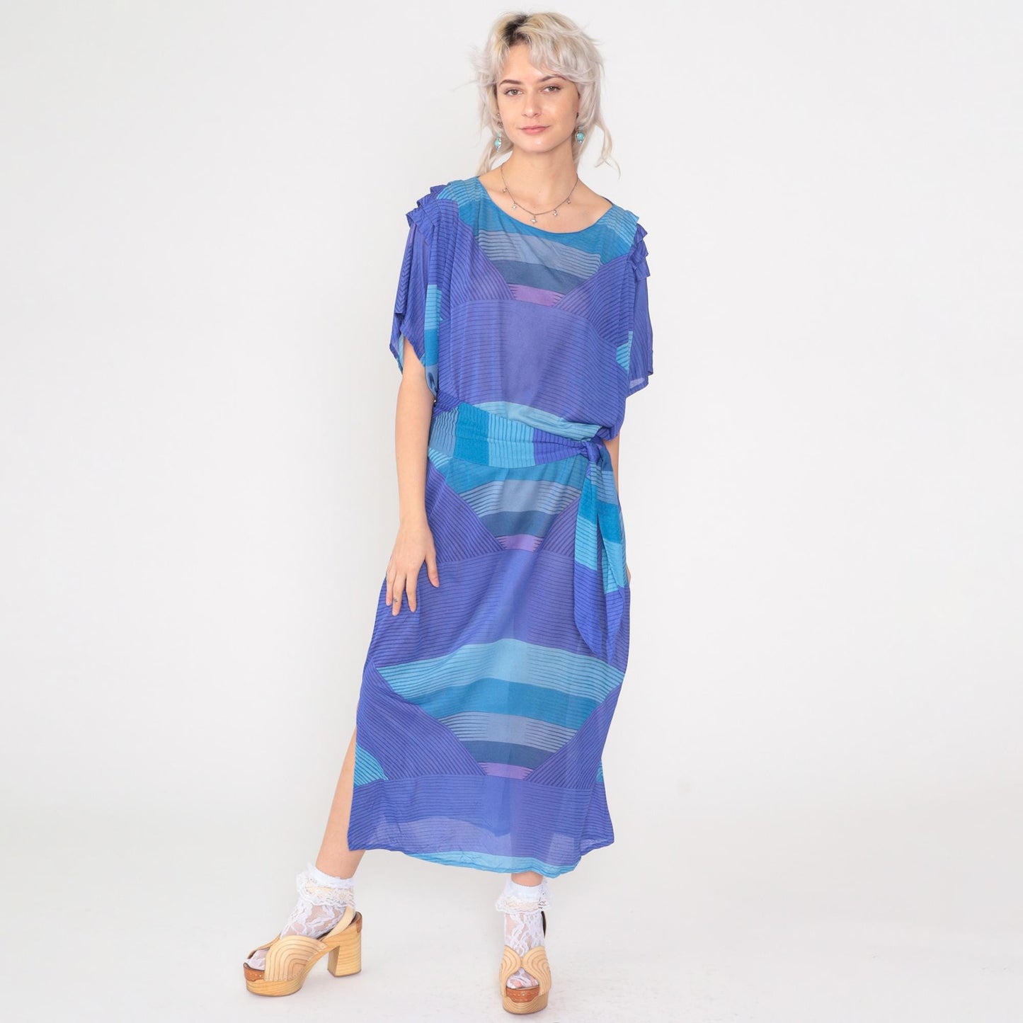 80s Abstract Striped Caftan Maxi Dress Purple Blue Dolman Sleeve Keyhole Extra Large