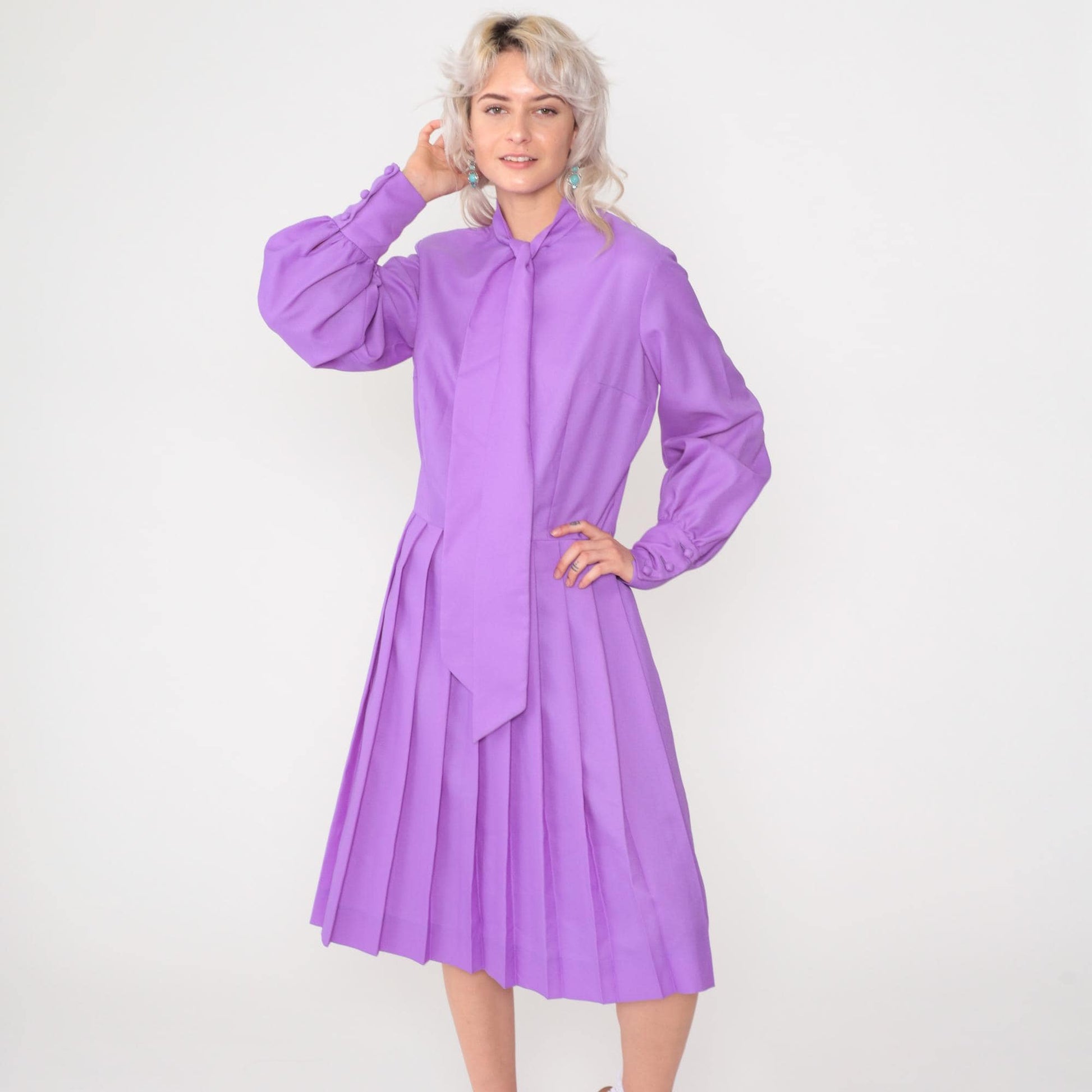 70s Purple Ascot Midi Dress Long Sleeve High Waist Pleated Medium 8