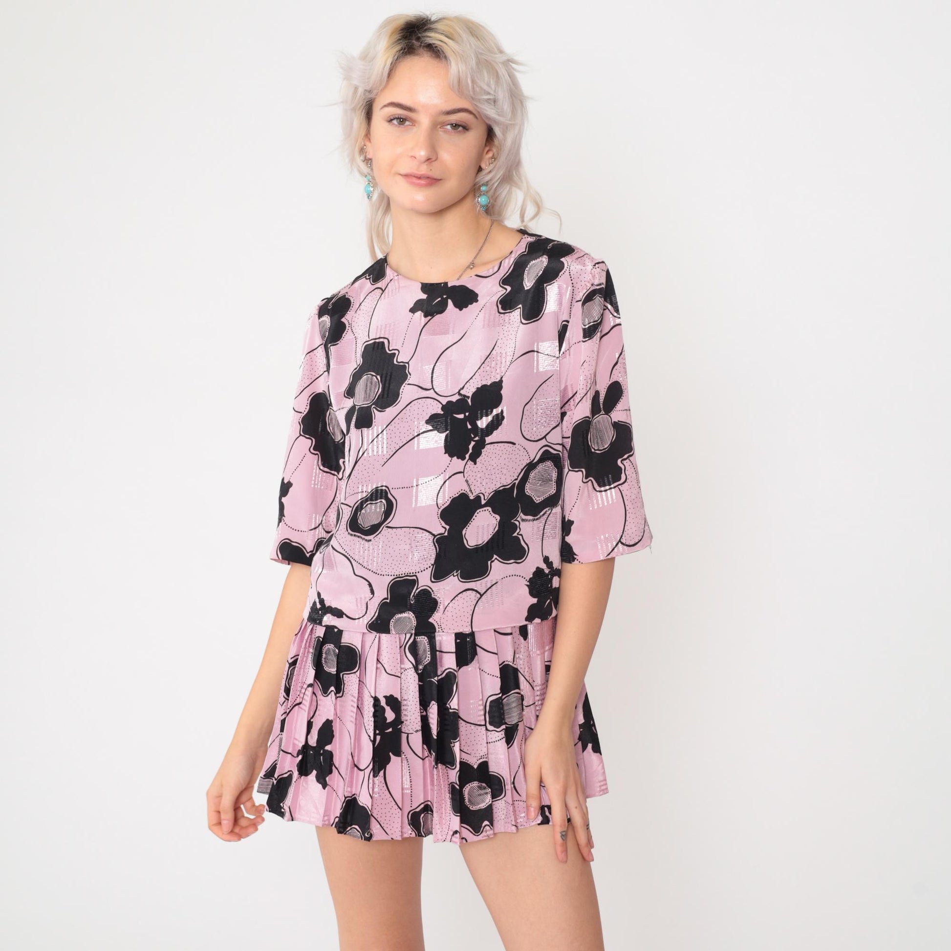 80s Pink Floral Micro Mini Dress Puff Sleeve Drop Waist Petite Small