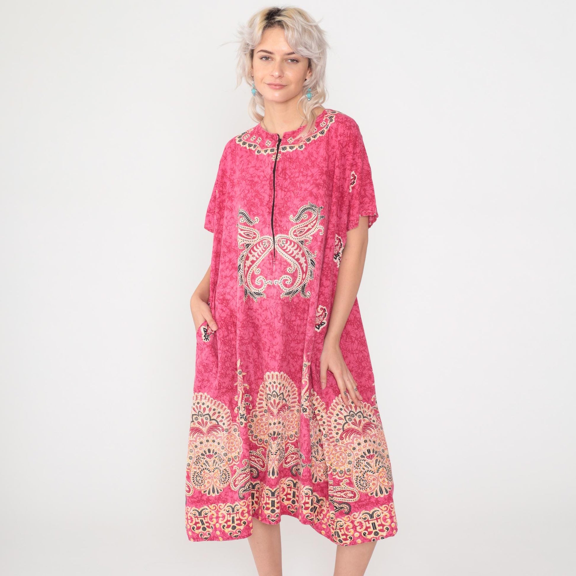 90s Pink Batik Paisley Midi Dress Front Zipper Shift Short Sleeve Large L