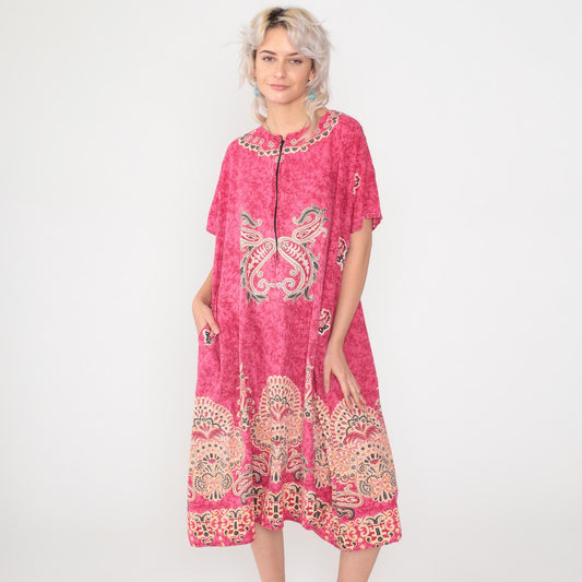 90s Pink Batik Paisley Midi Dress Front Zipper Shift Short Sleeve Large L