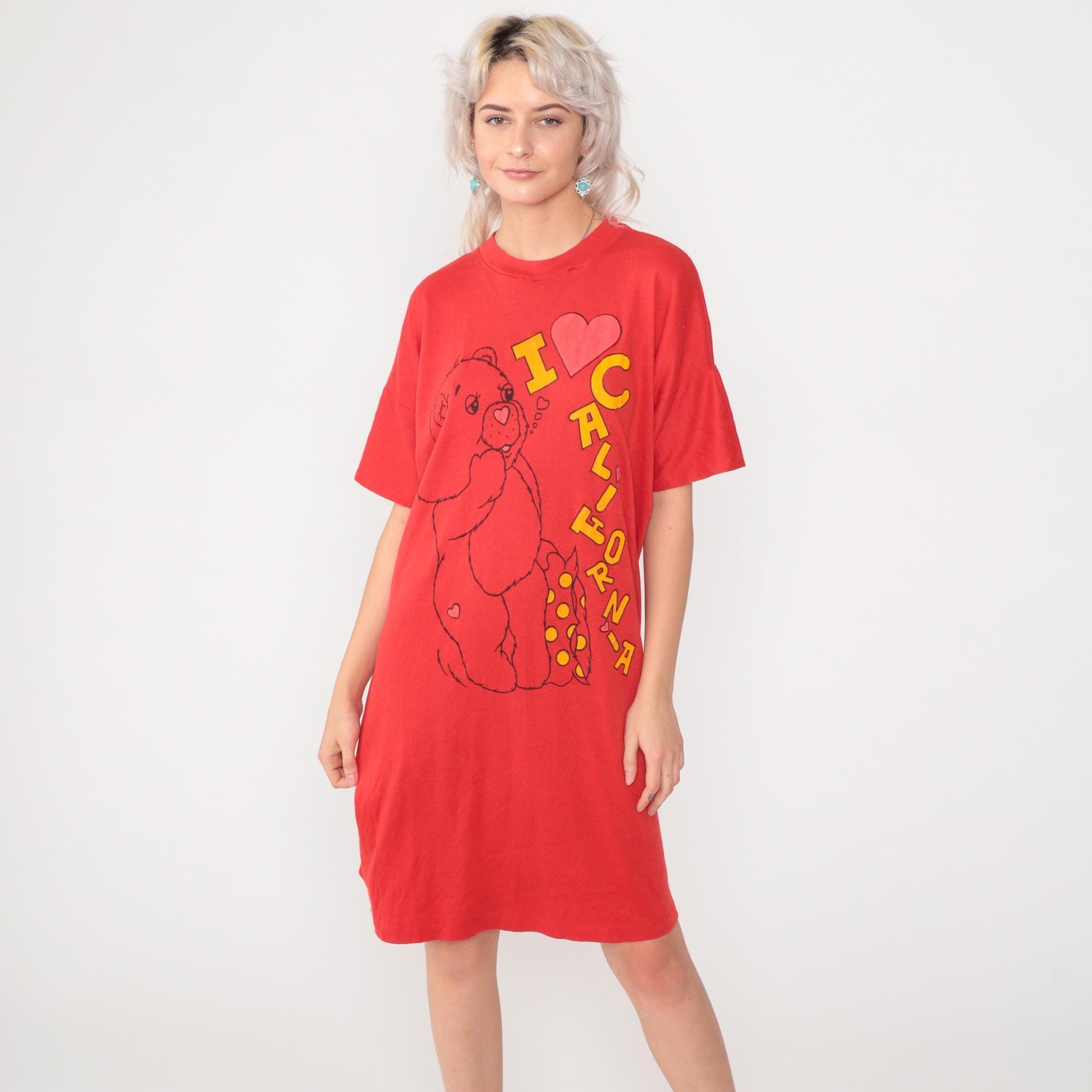 80s Teddy Bear I Heart California T-Shirt Dress Midi Red Graphic Nightgown Medium