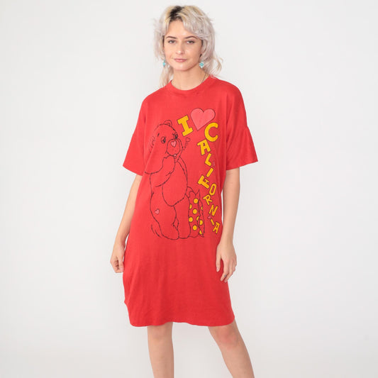 80s Teddy Bear I Heart California T-Shirt Dress Midi Red Graphic Nightgown Medium
