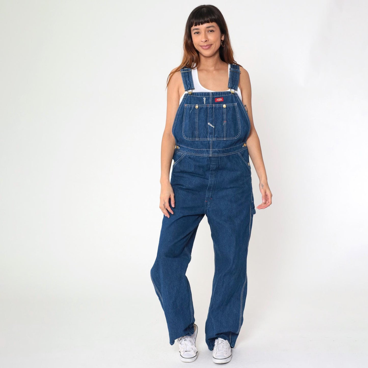 Y2K Dickies Bib Overalls Dark Wash Denim Cargo Hammer Loop 32x34