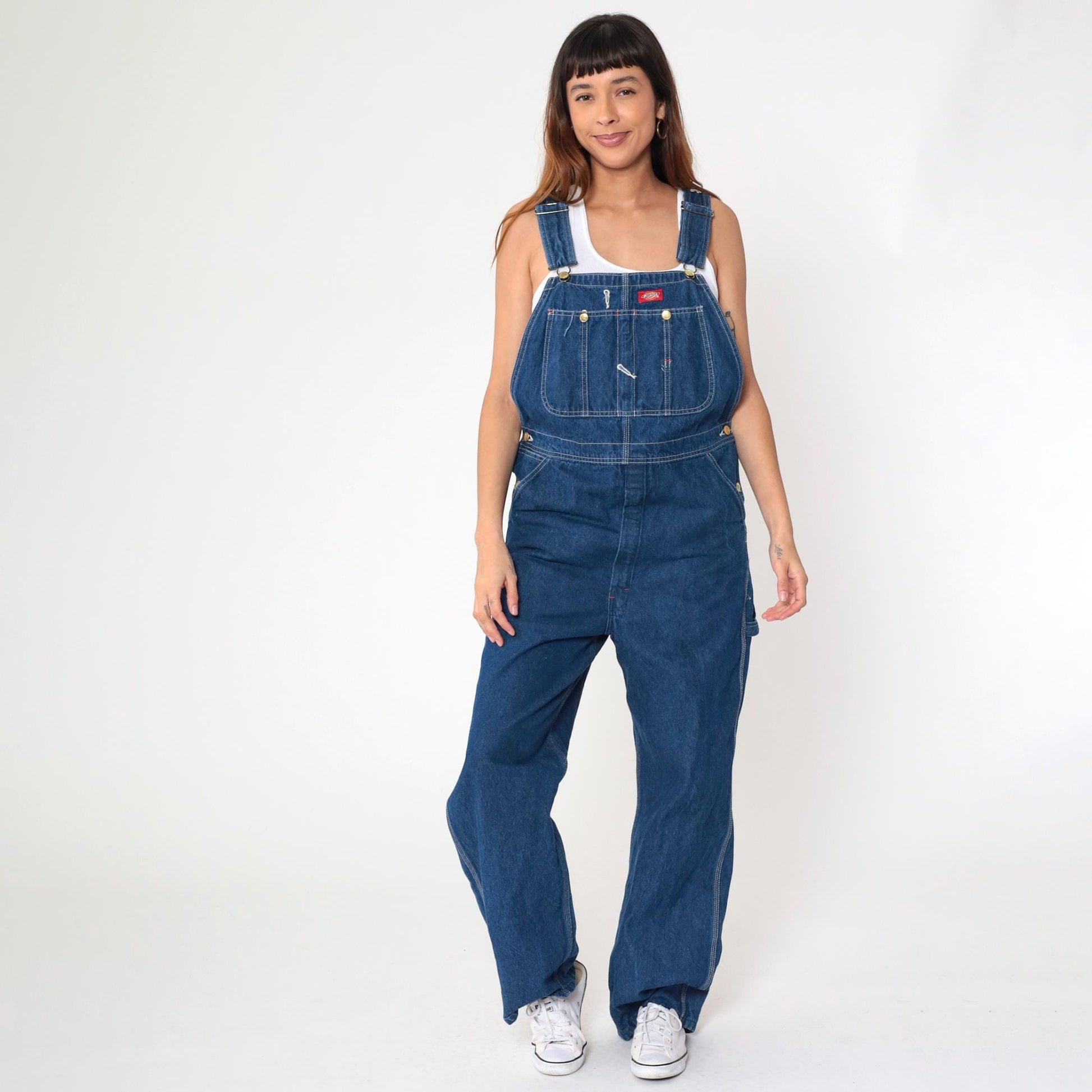 Y2K Dickies Bib Overalls Dark Wash Denim Cargo Hammer Loop 32x34