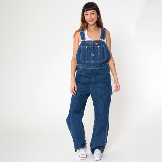 Y2K Dickies Bib Overalls Dark Wash Denim Cargo Hammer Loop 32x34