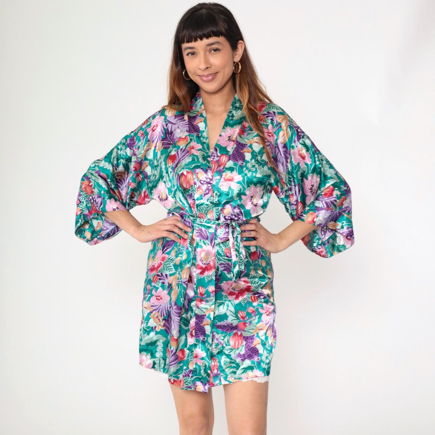 90s Floral Satin Kimono Robe Mini Green Wrap Front Small Medium Large