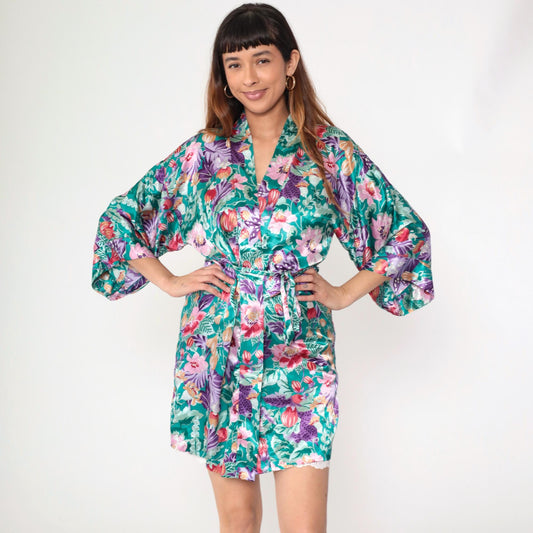 90s Floral Satin Kimono Robe Mini Green Wrap Front Small Medium Large