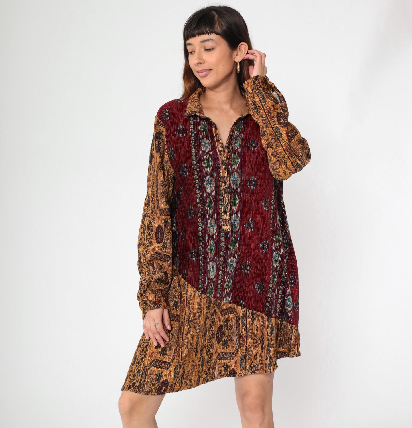90s Paris Hues Floral Crinkle Mini Dress Burgundy Brown Asymmetrical Hem Medium Large