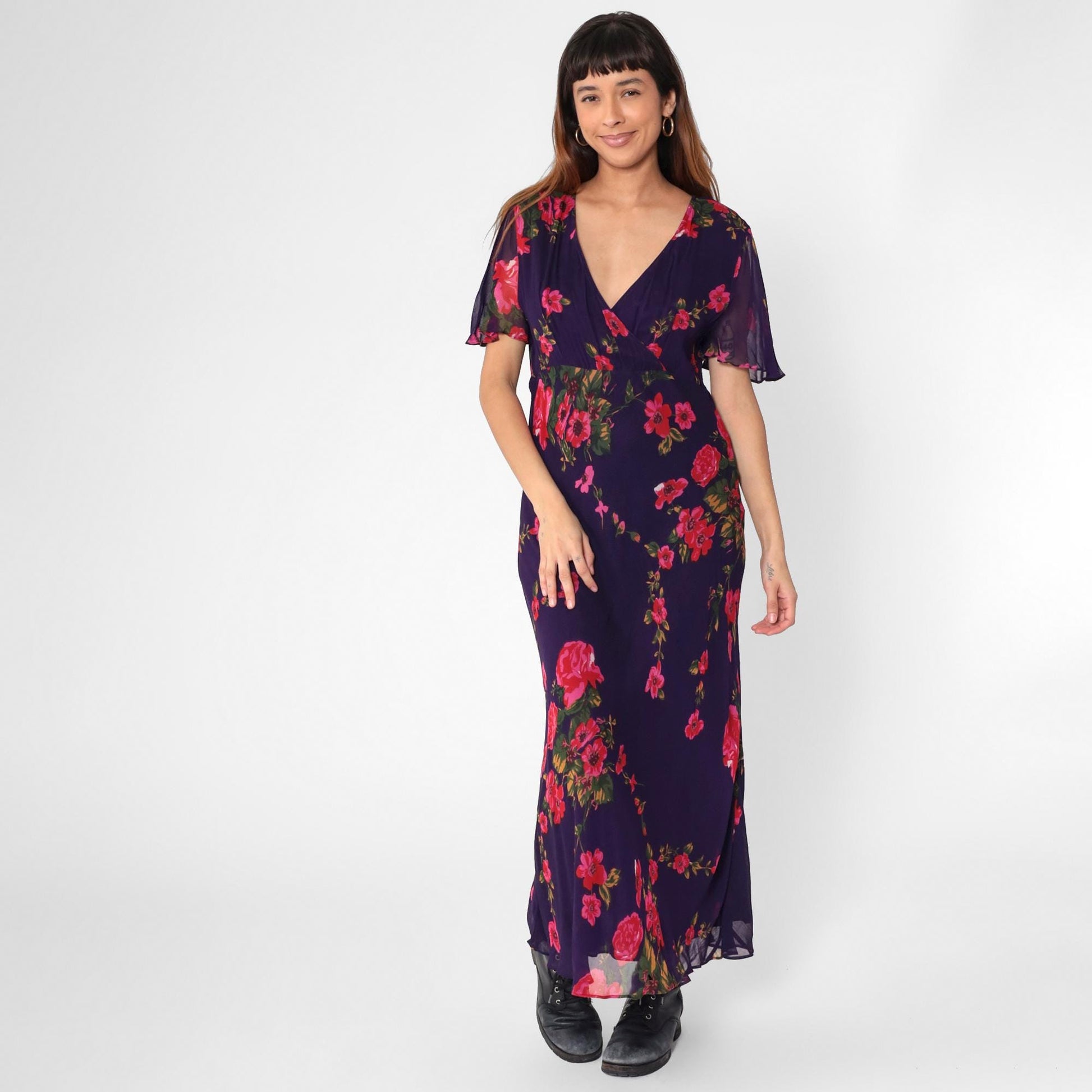 Y2K Purple Floral Chiffon Maxi Dress Flutter Sleeve High Waist V Neck Large L