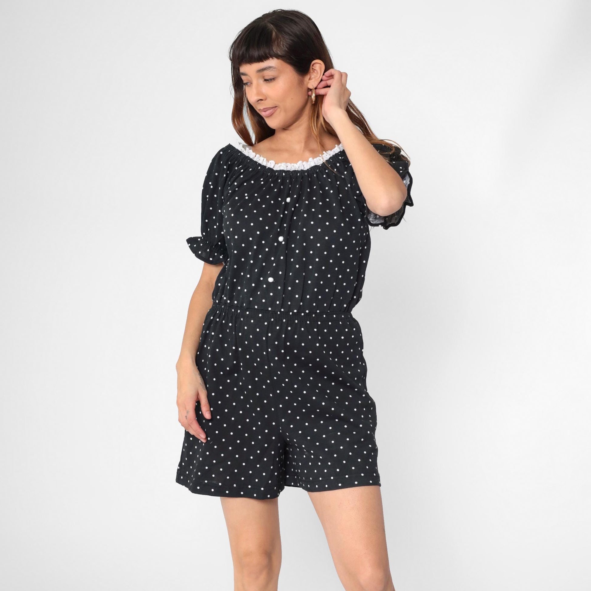 80s Black White Polka Dot Romper Eyelet Lace Puff Sleeve Playsuit Small