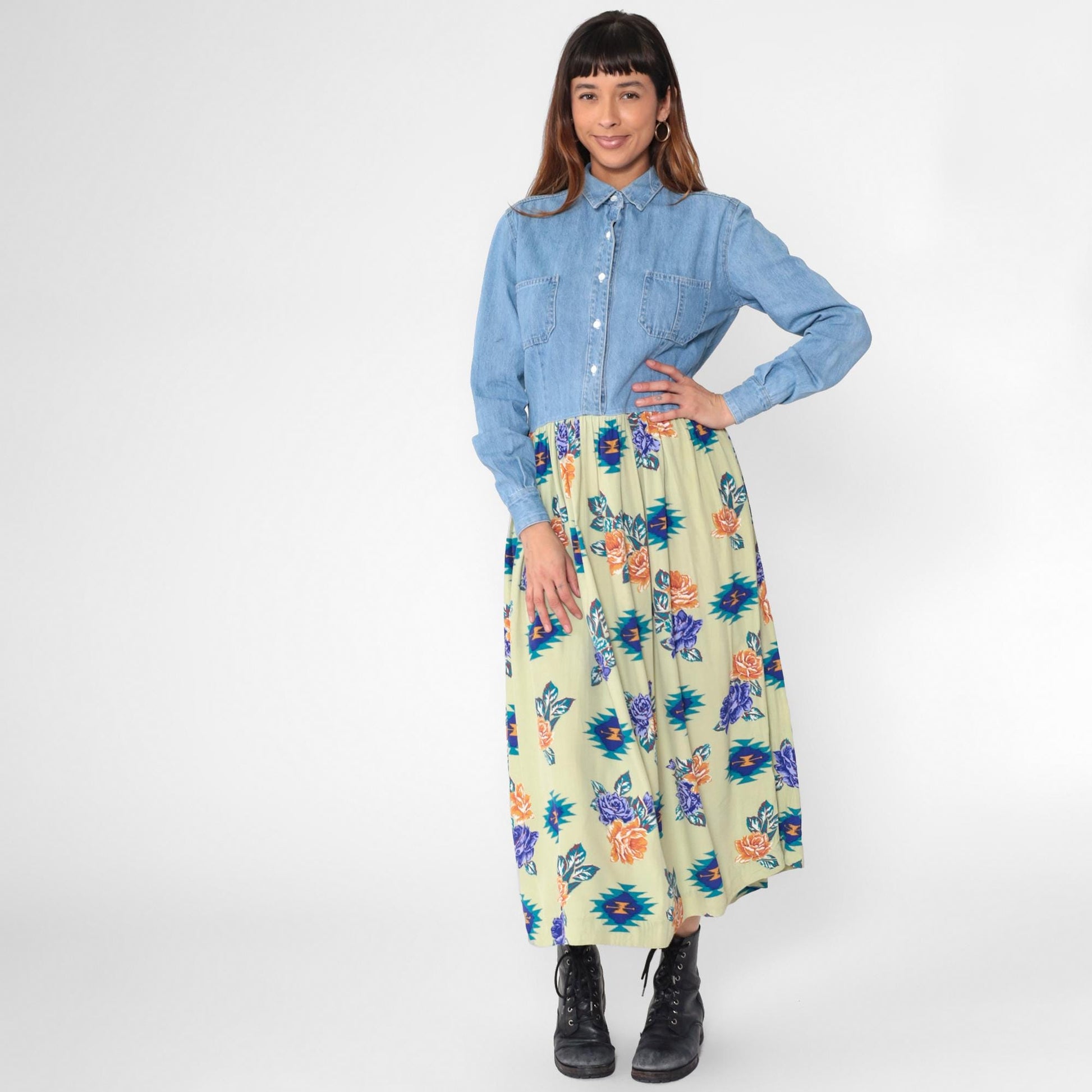 90s Floral Denim Maxi Dress Blue Chambray Southwest Button-Up Small