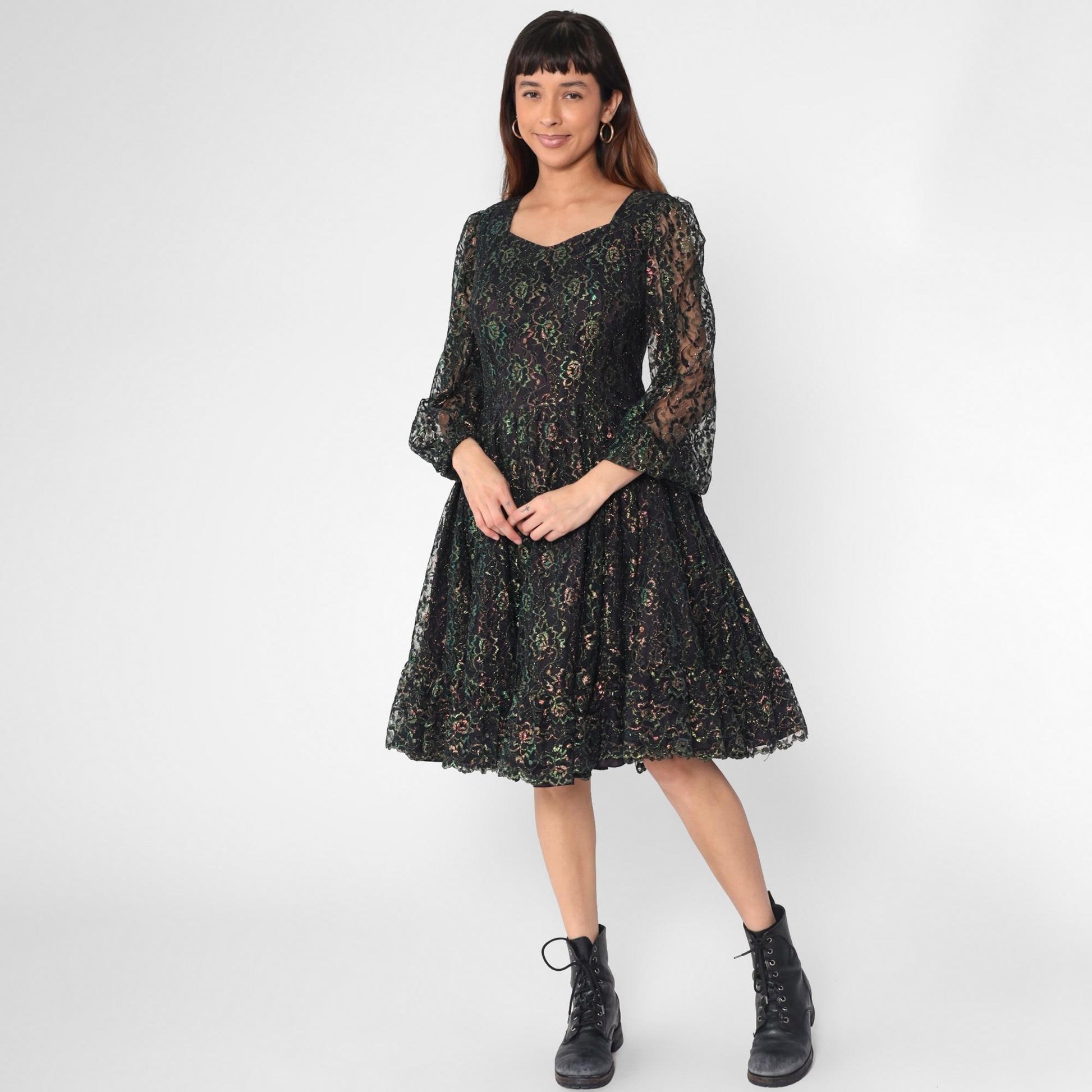 1960s Black Iridescent Lace Dress Sheer Sleeves High Waist Knee Length Medium M