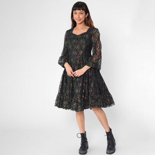 1960s Black Iridescent Lace Dress Sheer Sleeves High Waist Knee Length Medium M