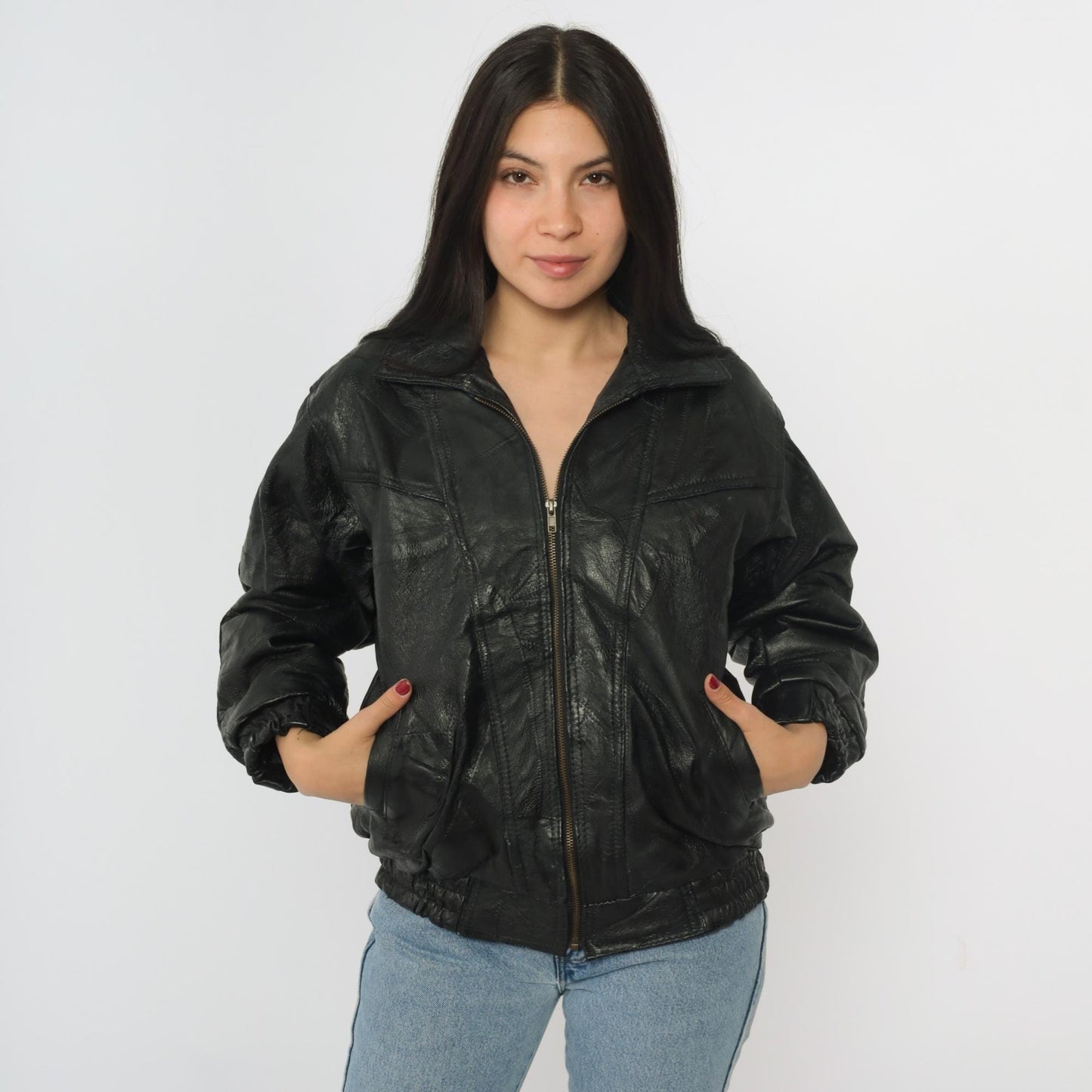 90s Elias de Soto Black Patchwork Leather Bomber Jacket Women's Large
