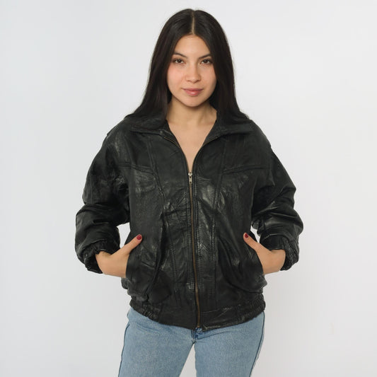 90s Elias de Soto Black Patchwork Leather Bomber Jacket Women's Large