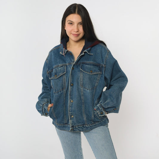 90s Eagles Ridge Outfitters Hooded Denim Jacket Blue Burgundy Medium