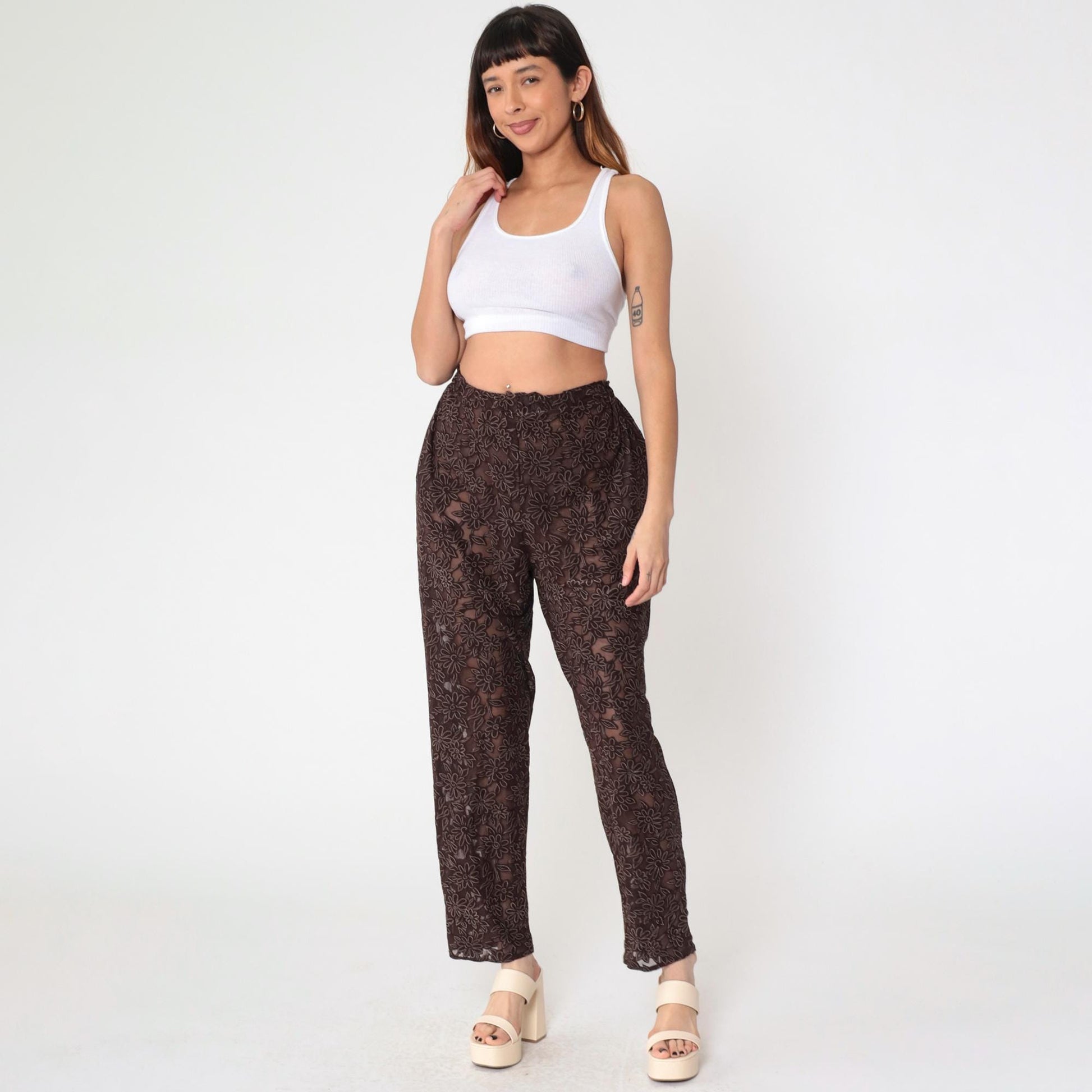 90s Brown Sheer Floral Burnout High-Waist Straight Tapered Trousers Small