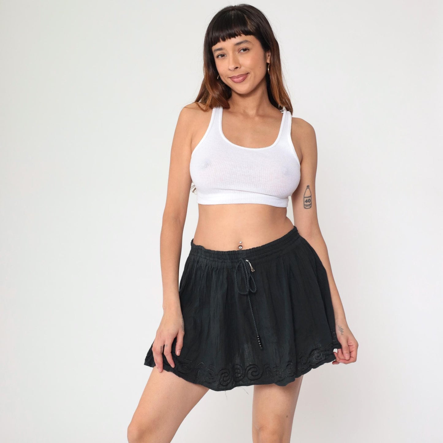 00s Black Broomstick Skirt Embroidered Elastic Waist Mini Medium Large