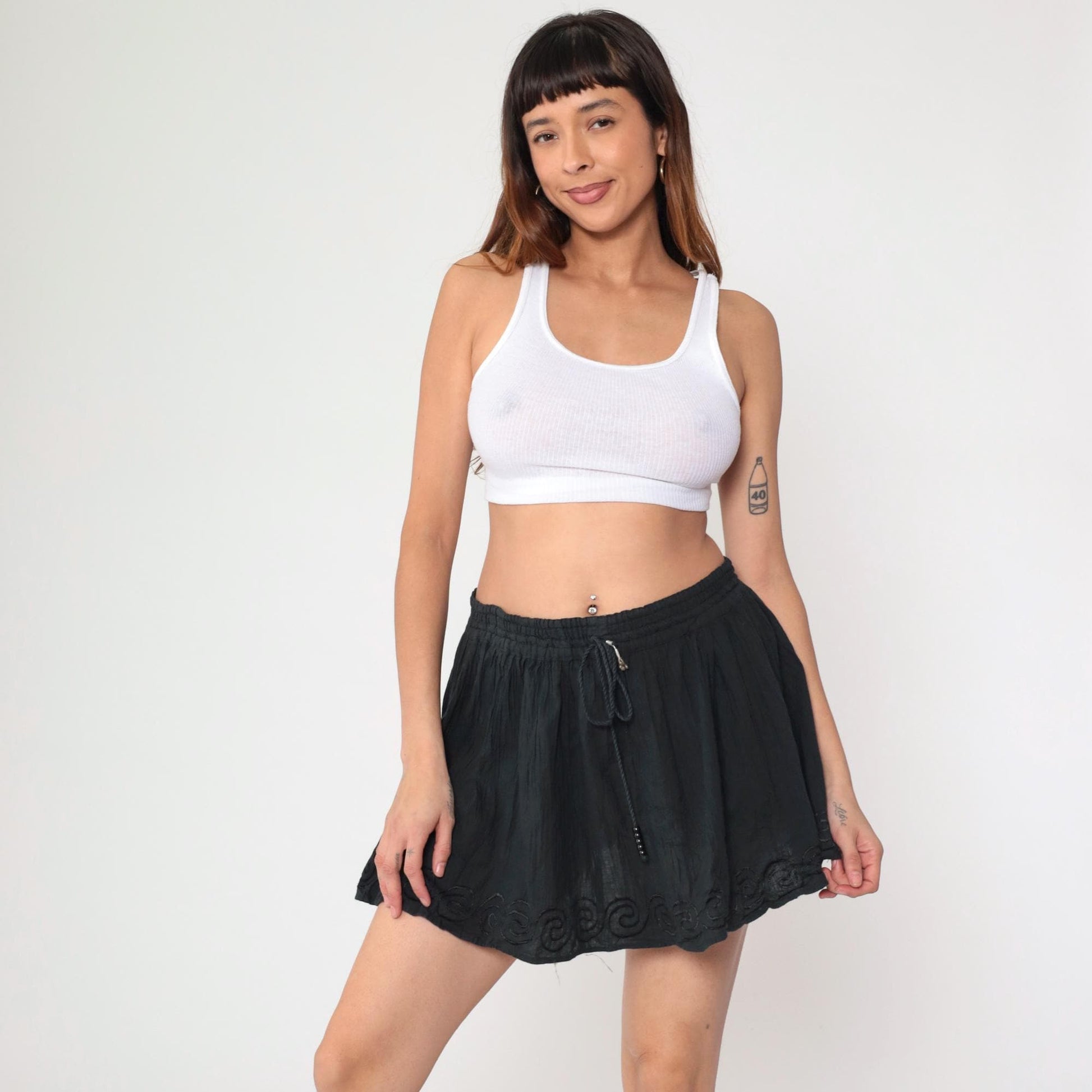 00s Black Broomstick Skirt Embroidered Elastic Waist Mini Medium Large
