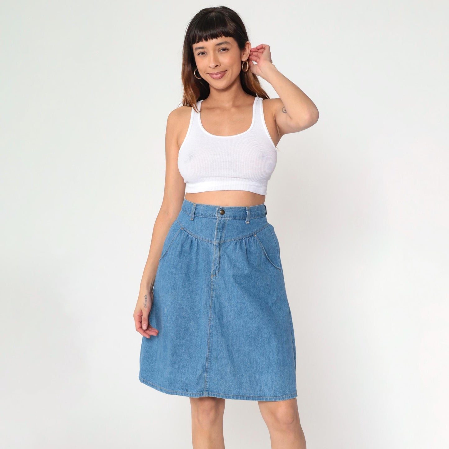 80s Western Denim Mini Skirt High Waist Gathered Yoke Blue Small S