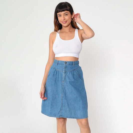 80s Western Denim Mini Skirt High Waist Gathered Yoke Blue Small S