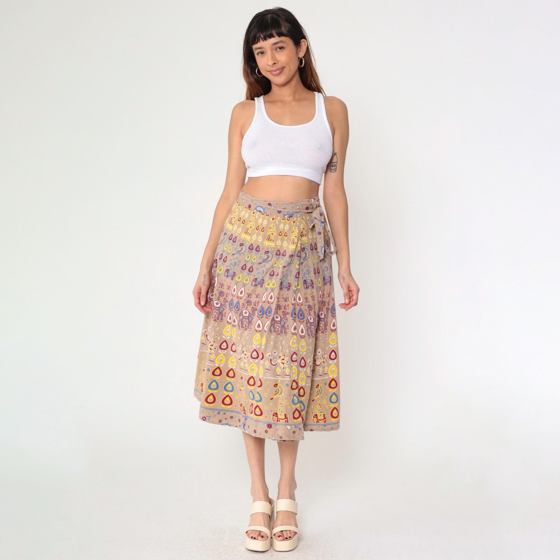 90s Indian Wrap Skirt Camel Floral Print Midi Cotton Small-Large