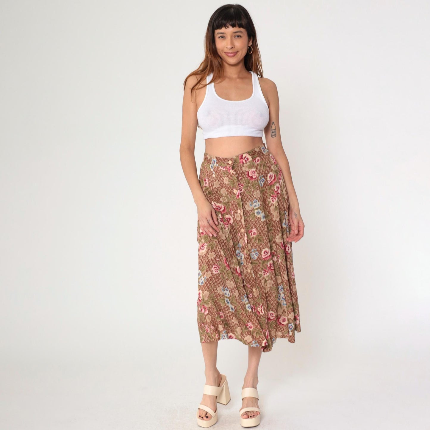 90s Sag Harbor Floral Midi Skirt Brown Checkered Button Front Medium M