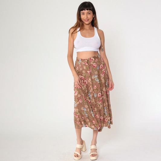 90s Sag Harbor Floral Midi Skirt Brown Checkered Button Front Medium M
