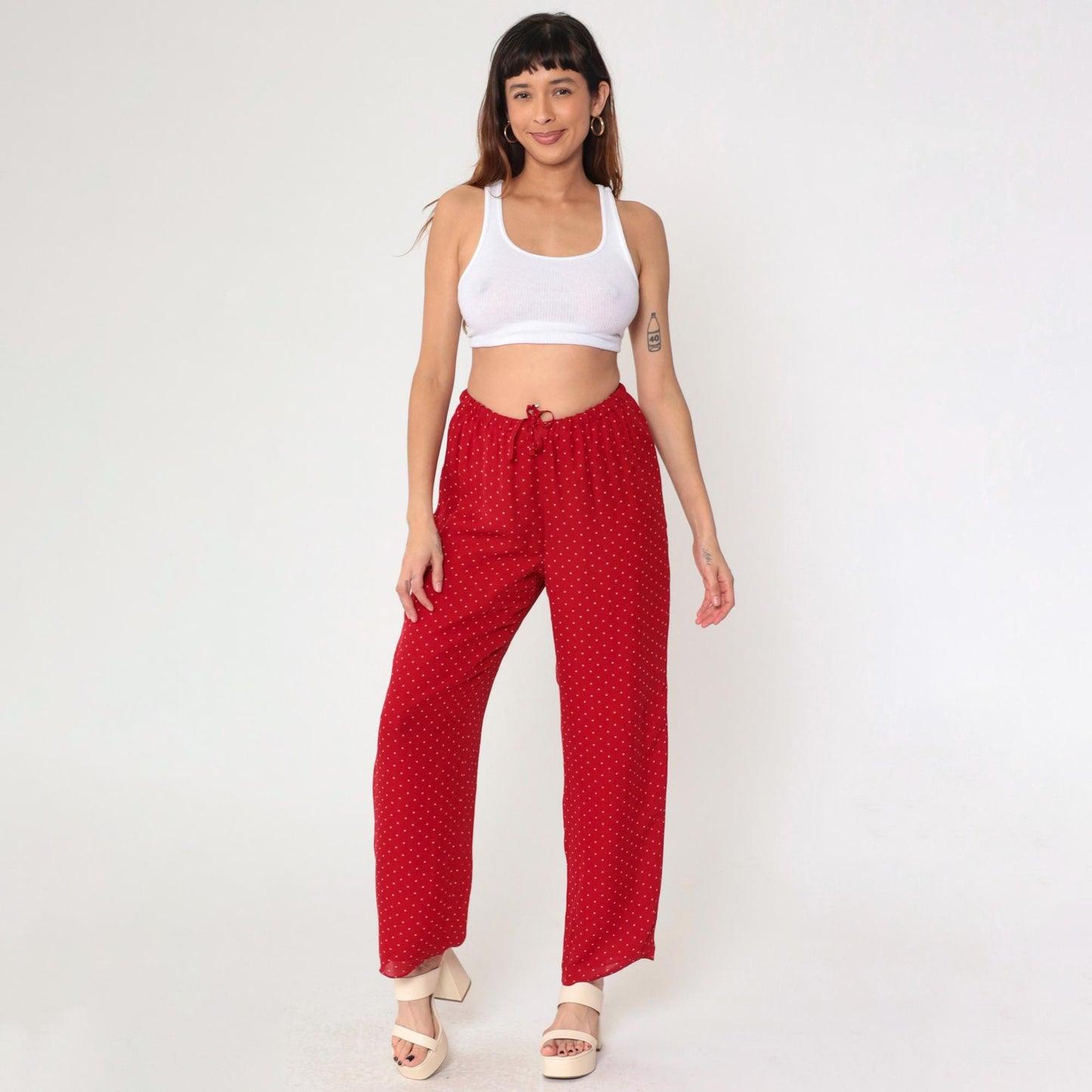 Y2K Ralph Lauren Red Silk Polka Dot Pull-On Trousers Wide Leg Medium M