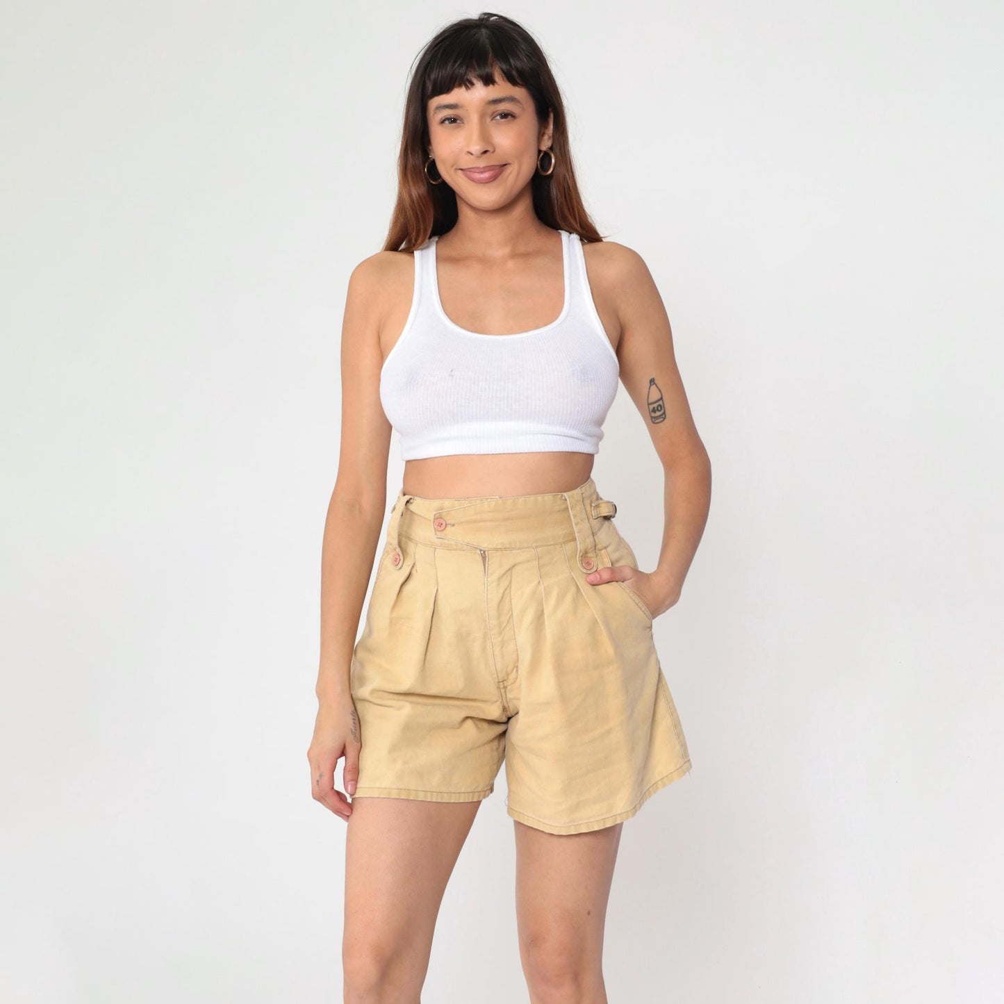 80s Palmettos Tan Pleated High-Waist Shorts Ramie Cotton Petite Small