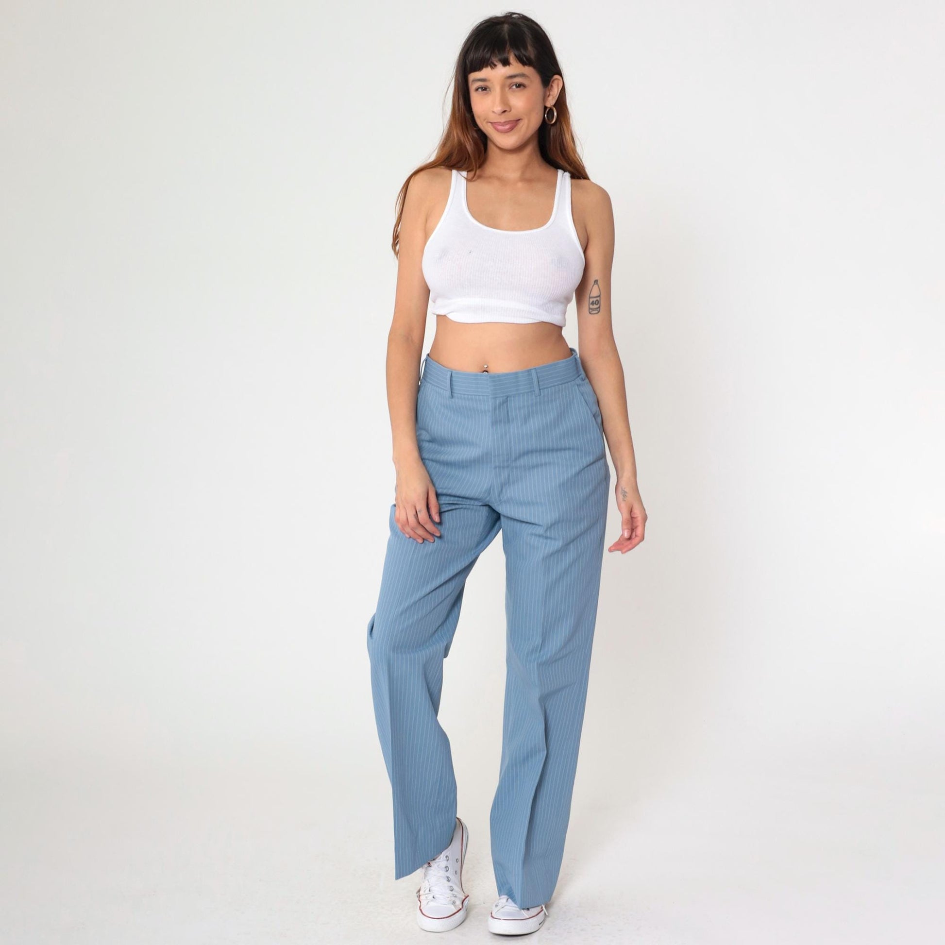 70s Blue Pinstripe Straight Leg Trousers High Waist White Stripes Men's Medium 32