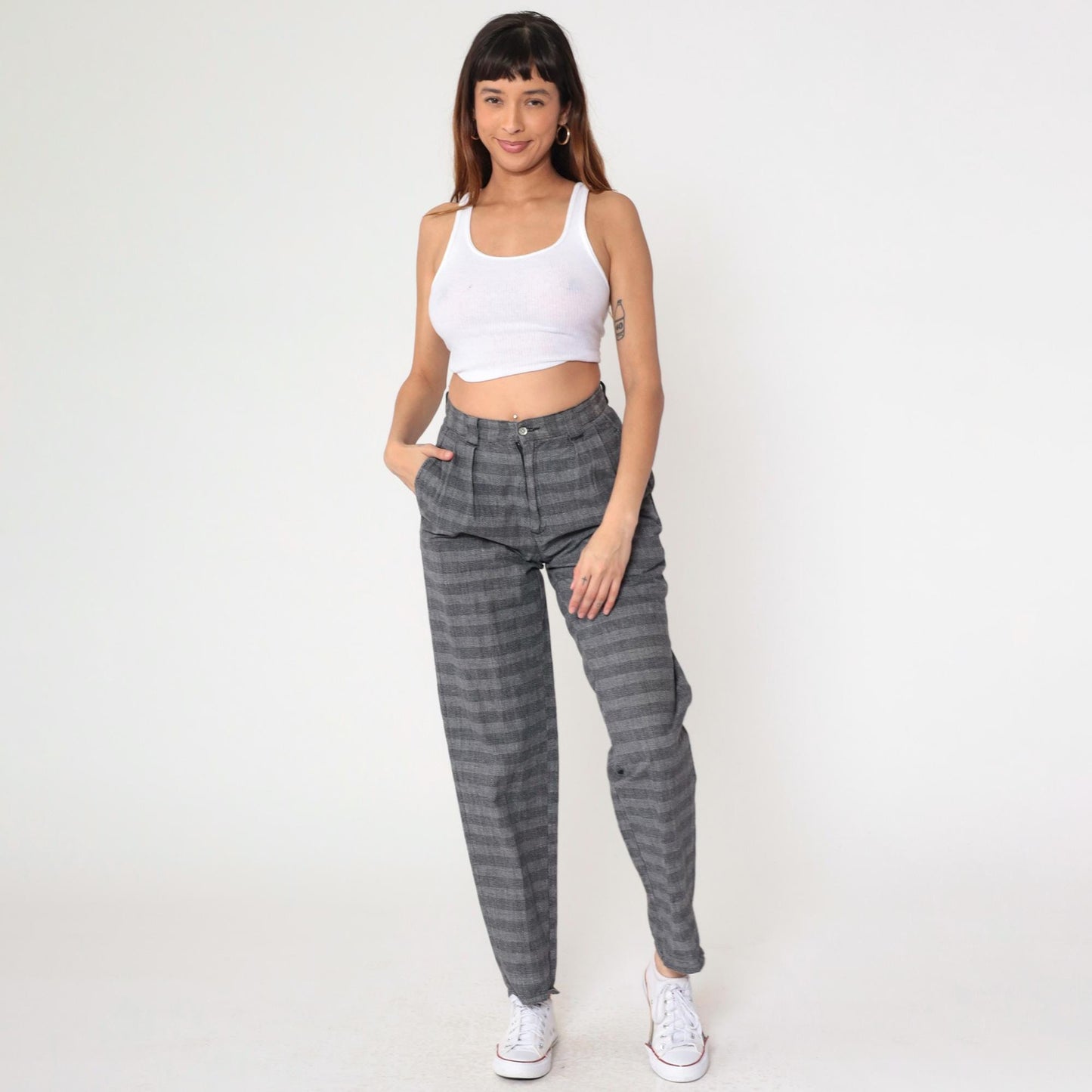 80s Generra Grey Striped Pleated Trousers High Waist Tapered Cotton Small