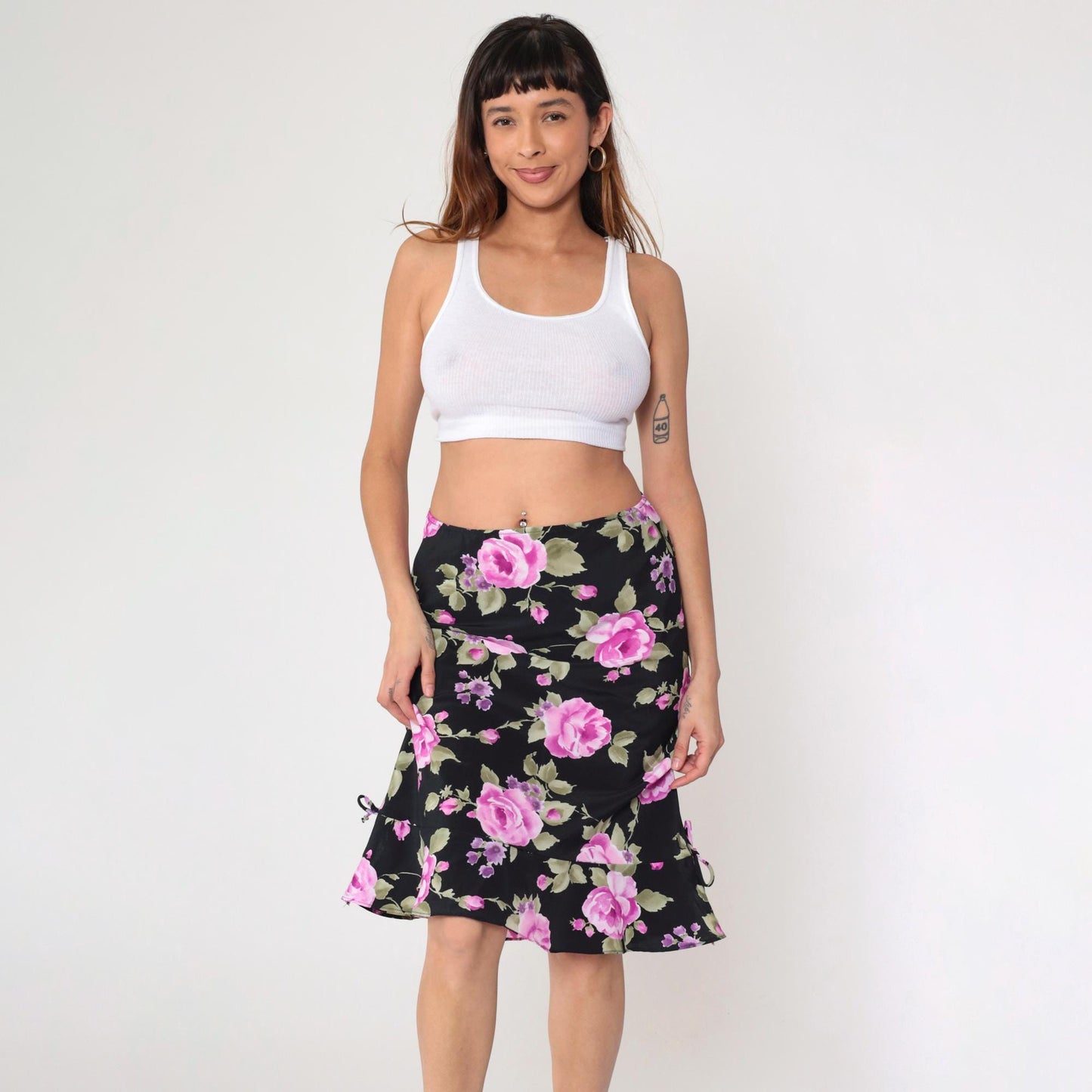 90s Black Floral Midi Skirt Fuchsia Pink Print Ruffled Hem Medium