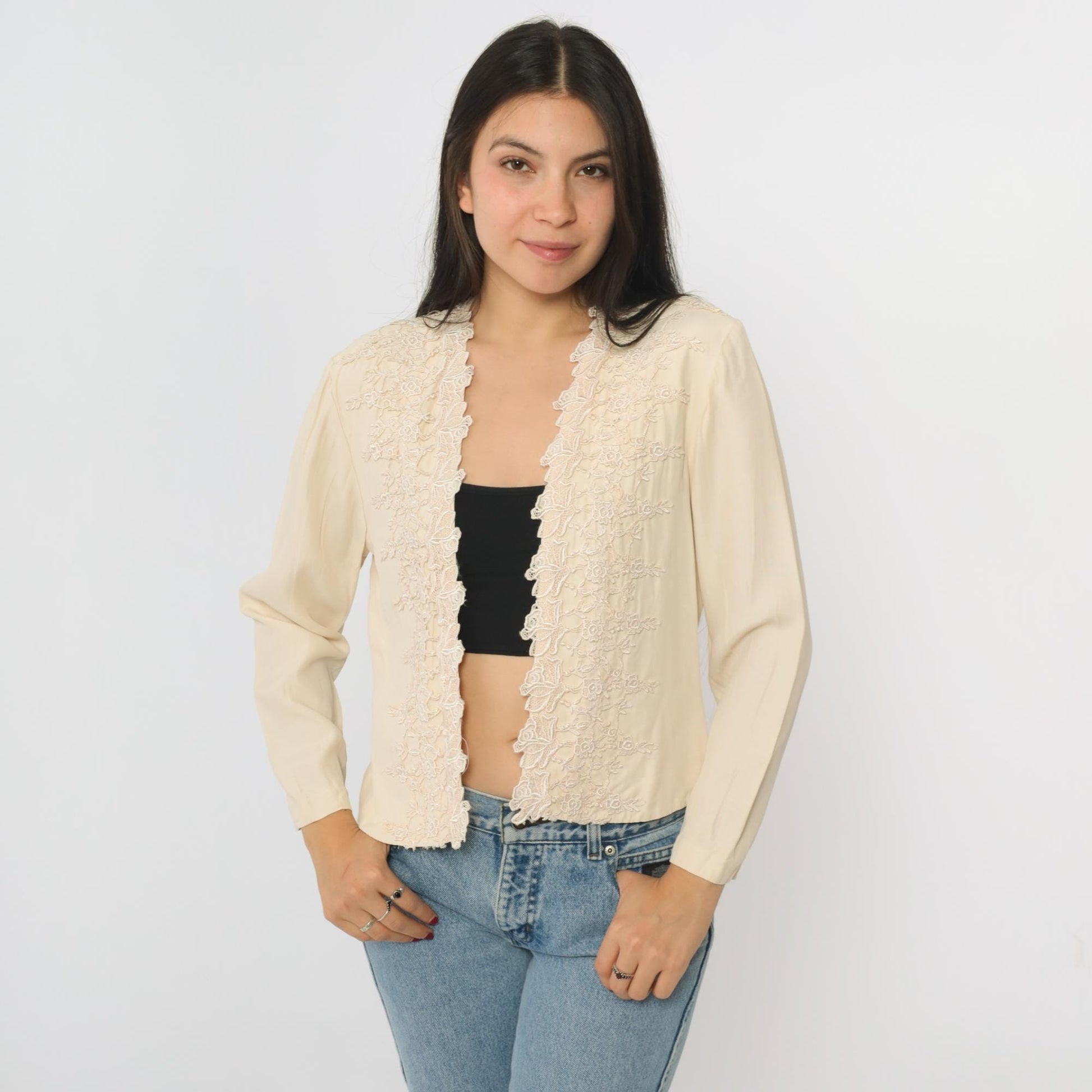 90s Wild Rose Cream Cardigan Floral Embroidered Lace Trim Long Sleeve Medium