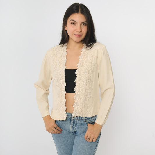 90s Wild Rose Cream Cardigan Floral Embroidered Lace Trim Long Sleeve Medium