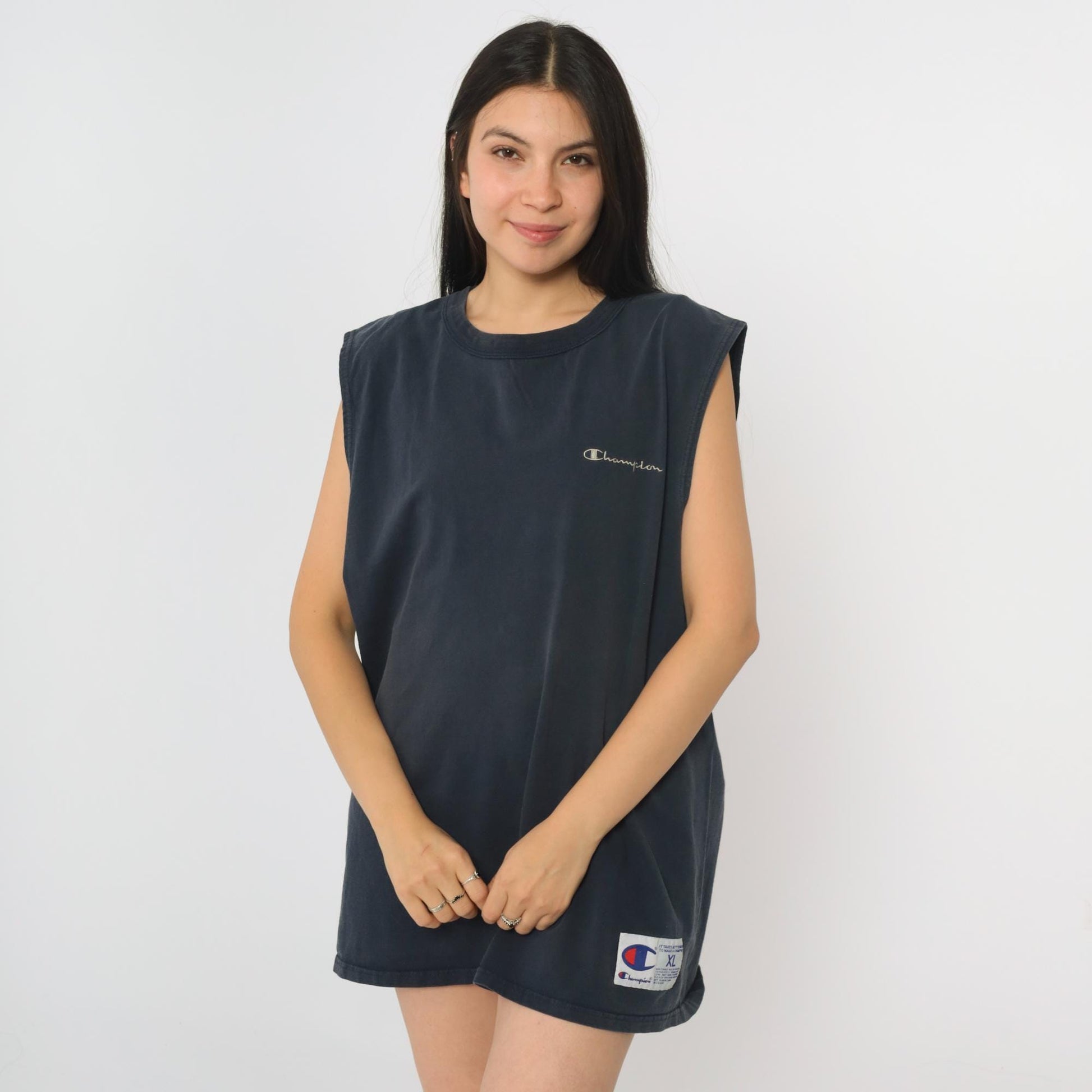 90s Champion Muscle Tank Navy Blue Embroidered Script Extra Large XL
