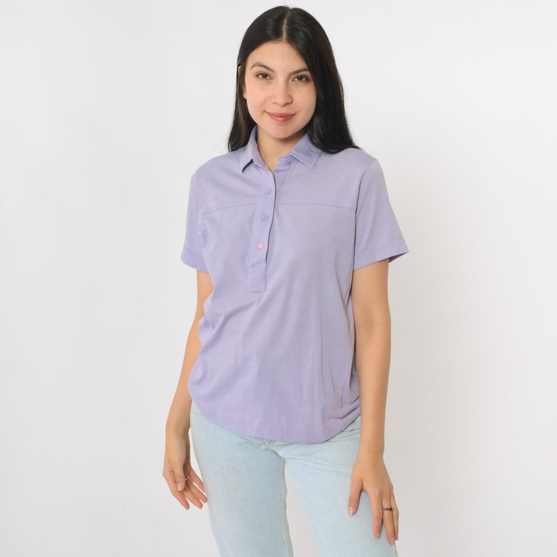 80s Lavender Polo Shirt Leon Levin Button Up Short Sleeve Medium