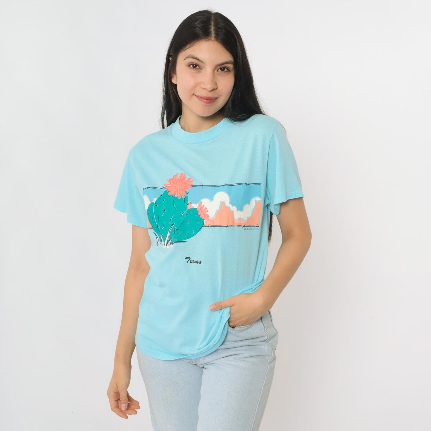 90s Texas Cactus Graphic T-Shirt Blue Single Stitch Crewneck Small